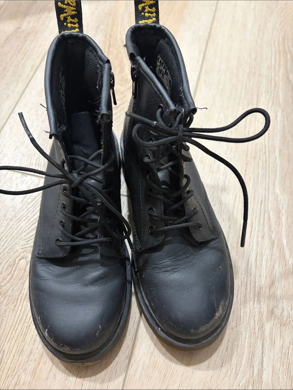Dr. Martens Black Leather Kids Lace-Up Boots with Yellow Stitching